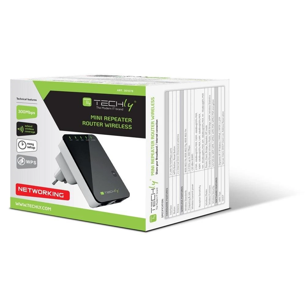 Techly 301078 Belaidis mini maršrutizatorius / signalo stiprintuvas 802.11n 300Mbps, įskiepis