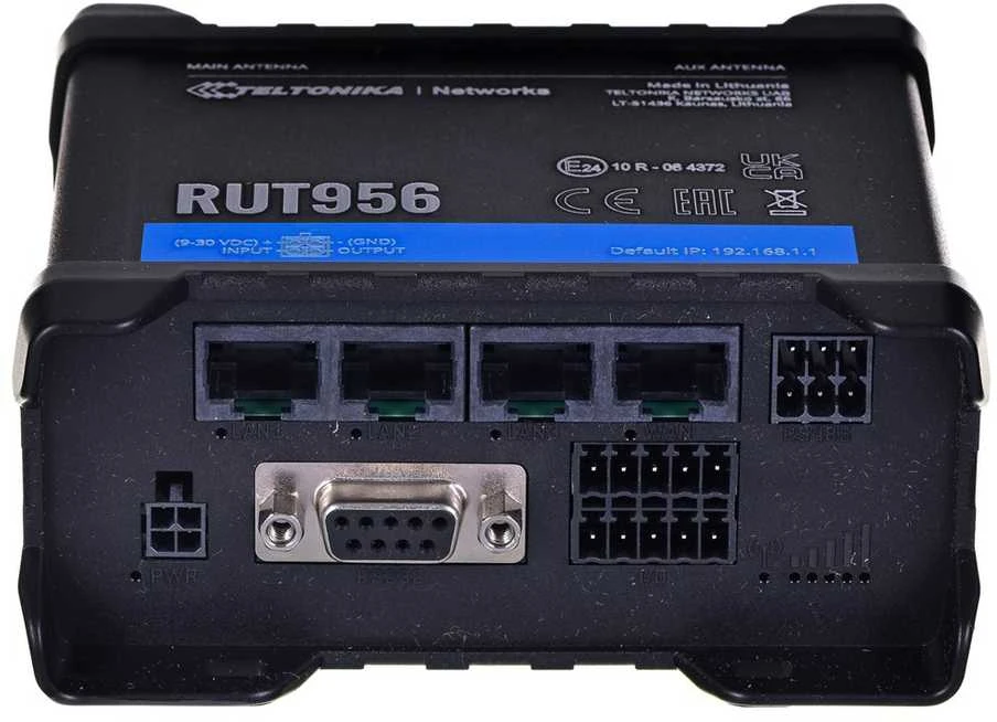 Šakotuvas Teltonika | Pramoninis maršrutizatorius | RUT956 | 802.11n | 10/100 Mbit/s | Ethernet LAN (RJ-45) jungtys 4 | Palaikomas tinklelis: ne | MU-MiMO: ne | 2G/3G/4G | Antenos tipas: 2 x SMA, skirtas LTE, 2 x RP-SMA, skirtas WiFi, 1 x SMA, skirtas GNSS | 1 x USB 2.0