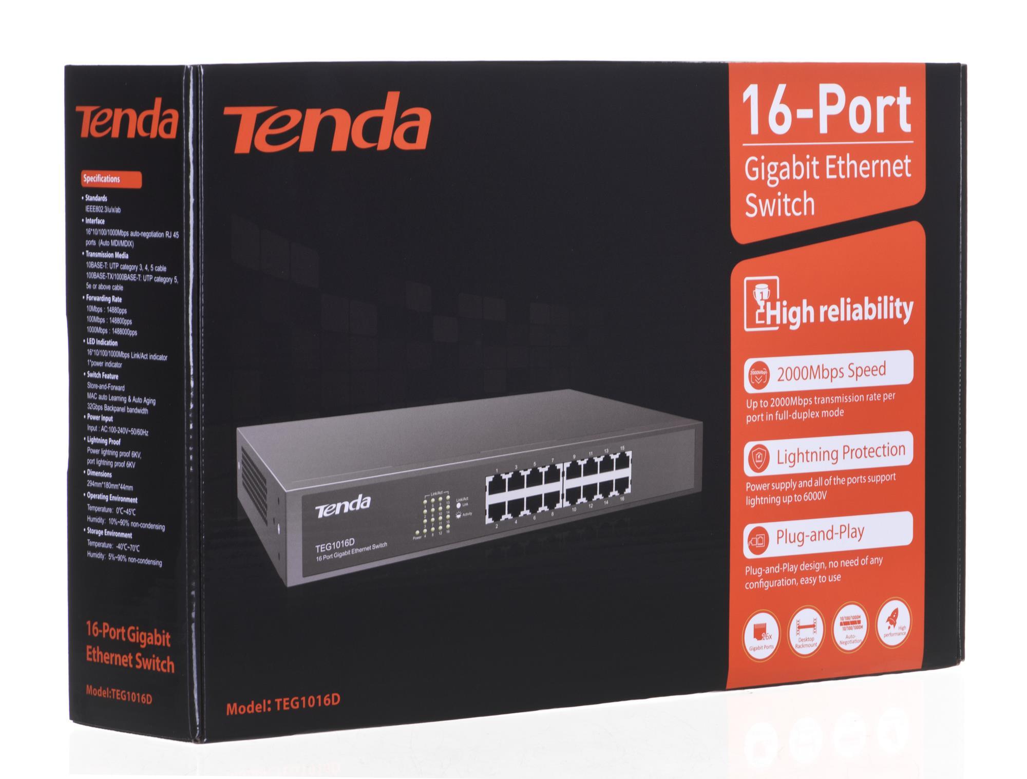 Šakotuvas Tenda 16-port Gigabit Ethernet Switch Unmanaged Mėlyna