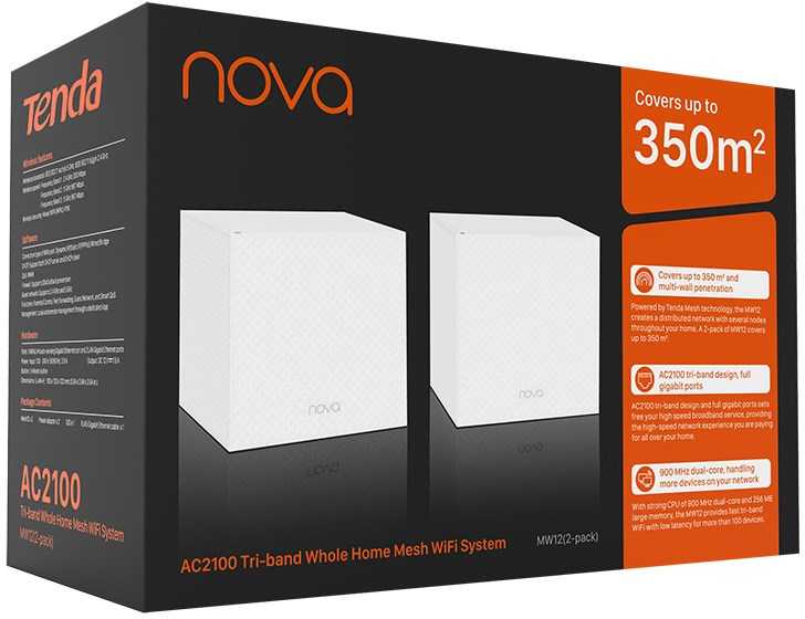 Tenda Nova MW12 Wi-Fi Mesh sistema AC2100, trijų juostų, 350 m², 2 vnt., MW12-2