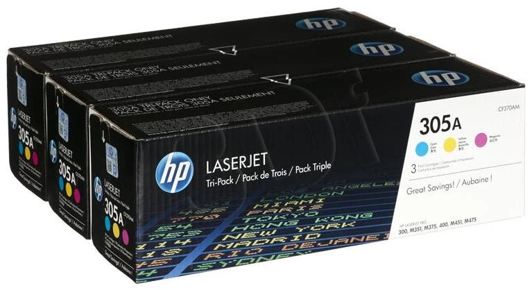Hewlett Packard (HP) HP 305A LJ Pro 400/300, Color M351/M375/M475/M451 series C,M,Y rinkinys (kiekvienas 2 600 puslapių)