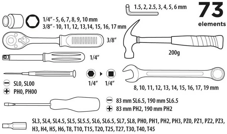 Įrankių rinkinys Top Tools 73 vnt. (38D500)