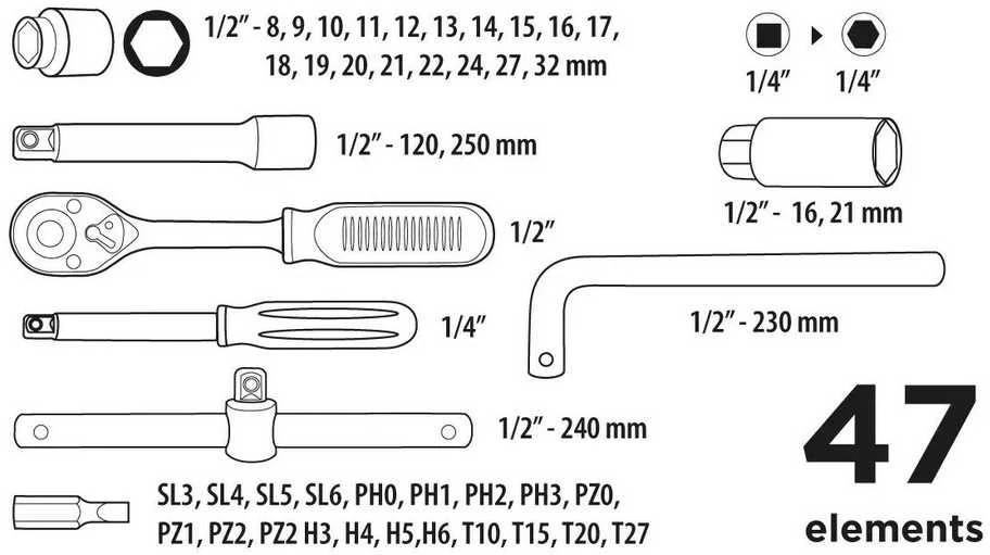 Klucze 1/4", 1/2" lizdinių raktų rinkinys, 47 vnt.