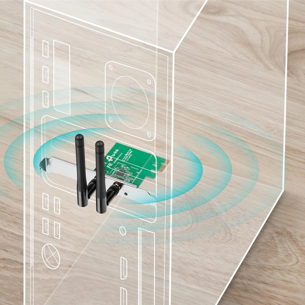 TP-LINK 300MBit/s WLAN-N PCI Express adapteris Atheros-Chipsatz 2T2R 2,4GHz 802.11b/g/n 2 nuimamos antenos
