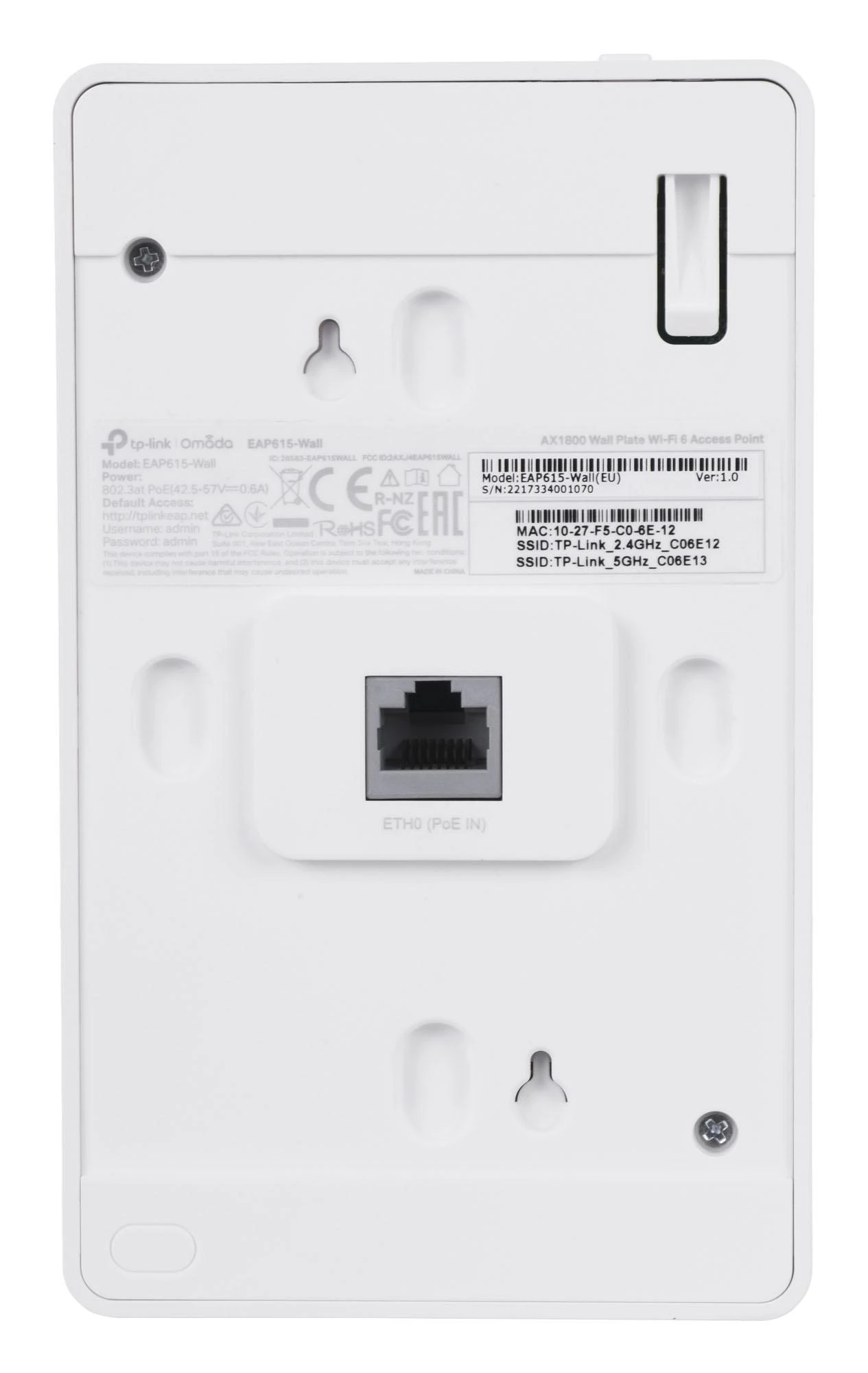 TP-LINK | „AX1800 Wall-Plate“ dviejų juostų „Wi-Fi 6“ prieigos taškas | EAP615-Siena | 802.11ax | 10/100/1000 Mbit/s | Ethernet LAN (RJ-45) jungtys 4 | MU-MiMO Taip | PoE išėjimas