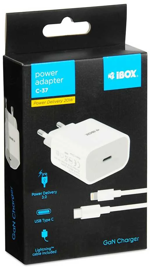IBOX C-37 USB-C PD20W SIENINIS Įkroviklis USB-C Į ŽAIBO KABELĮ
