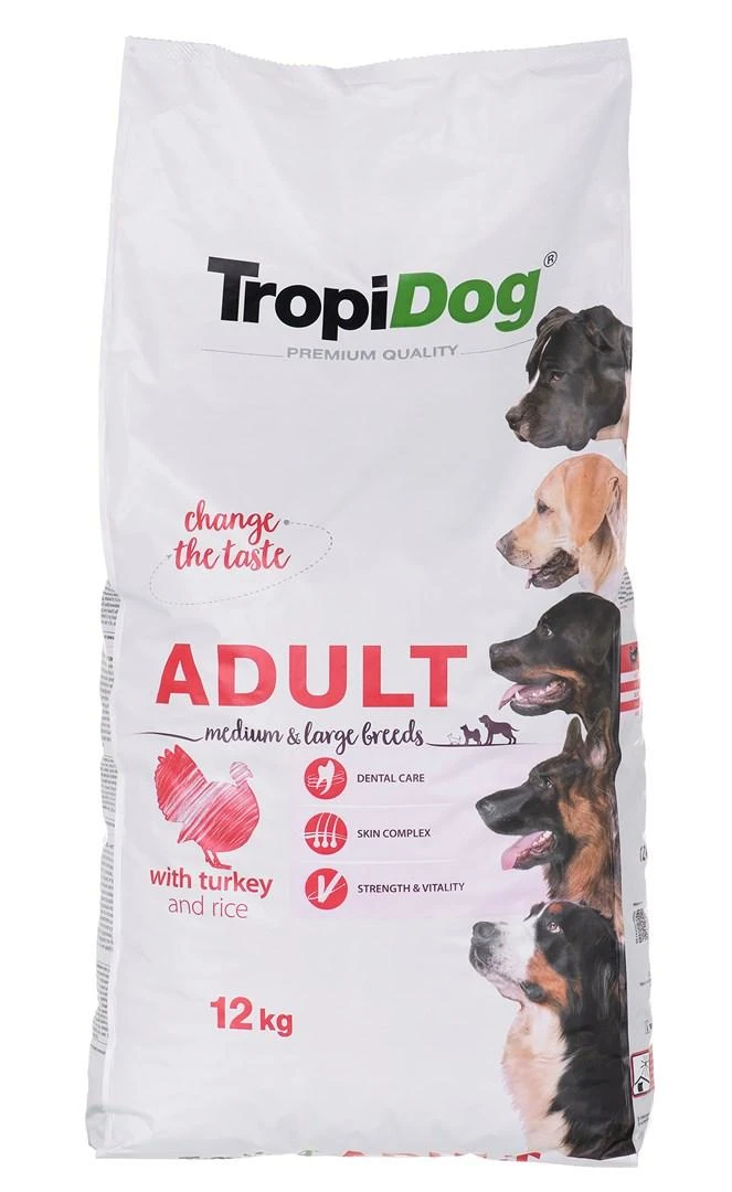 TROPIDOG Premium Adult Medium & Large kalakutienė su ryžiais - sausas šunų maistas - 12 kg