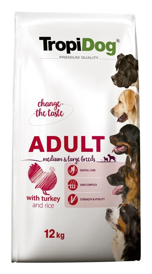 TROPIDOG Premium Adult Medium & Large kalakutienė su ryžiais - sausas šunų maistas - 12 kg