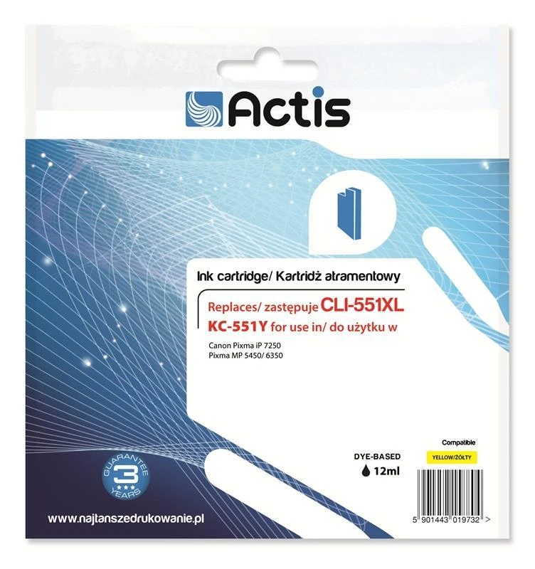 Rašalo kasetė - Actis KC-551Y Suderinama Su Canon CLI-551Y Geltona