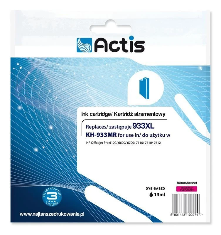 „Actis KH-933MR“ rašalas (pakeitimas HP 933XL CN055AE; standartinis; 13 ml; purpurinė)