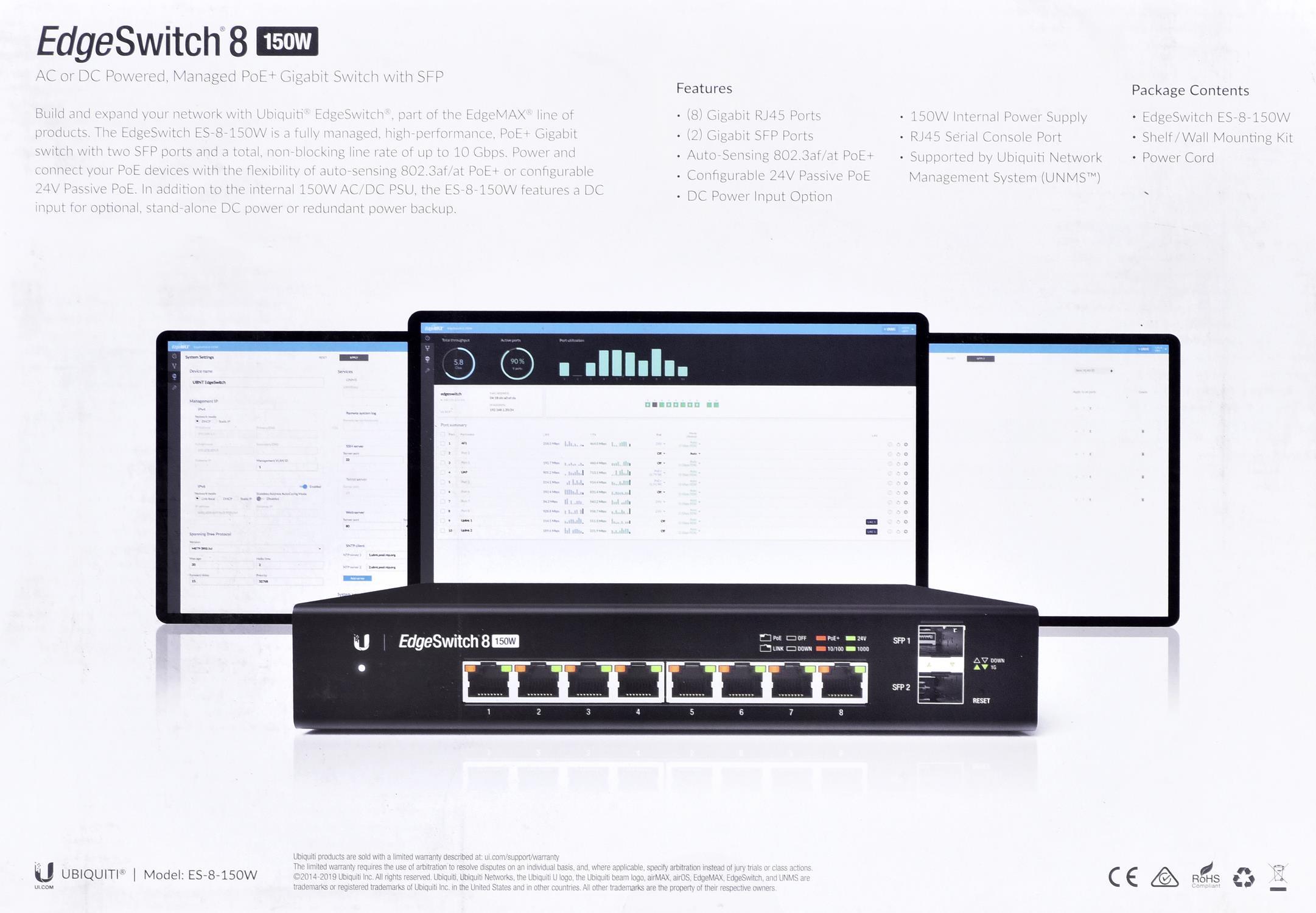 Šakotuvas UBIQUITI ES-8-150W Ubiquiti ES-8-150W 8 prievadų + 2xSFP Gigabit PoE jungiklis 24V/48V 802.3af/802.3at