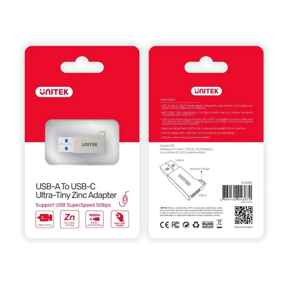UNITEK A1034NI ADAPTERIS USB-A – USB-C 3.1 Gen1