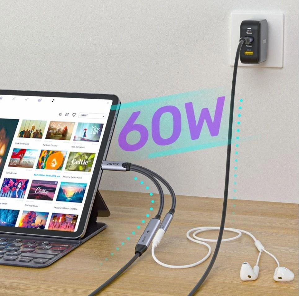 UNITEK ADAPTERIS USB-C - MINIJACK 3.5MM, USB-C 60W