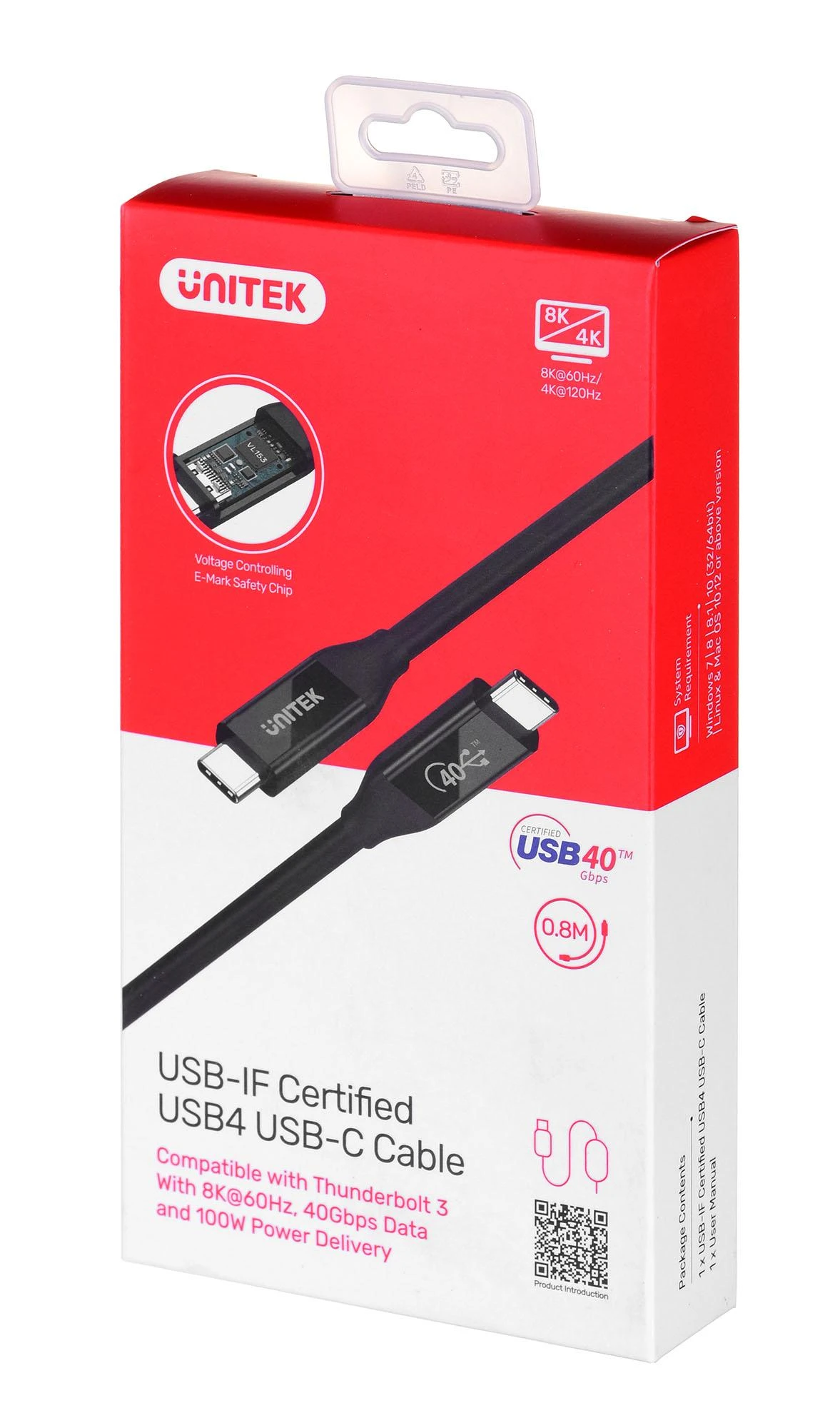 UNITEK C14100BK-0,8M kabelis USB-C 4.0 PD 100W 40Gbps 8K 0,8m
