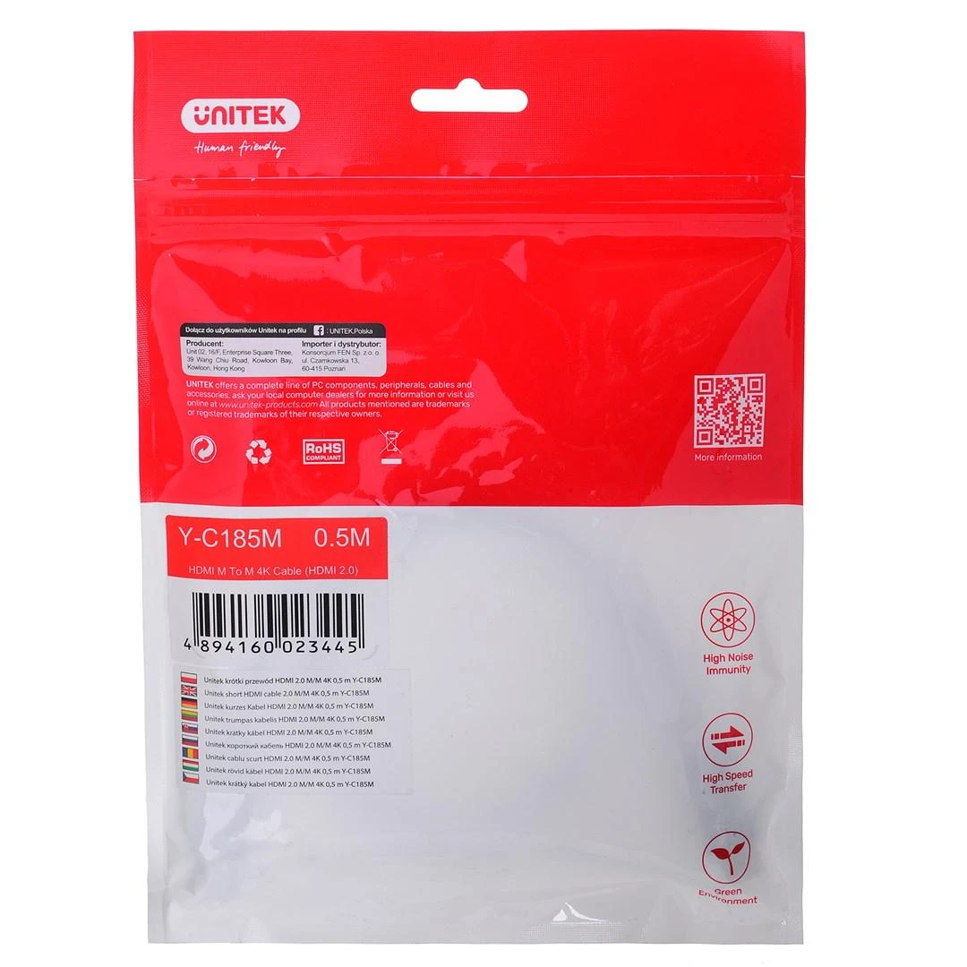 UNITEK CABLE HDMI 2.0, M/M, 4K@60HZ, 0,5M, Y-C185M