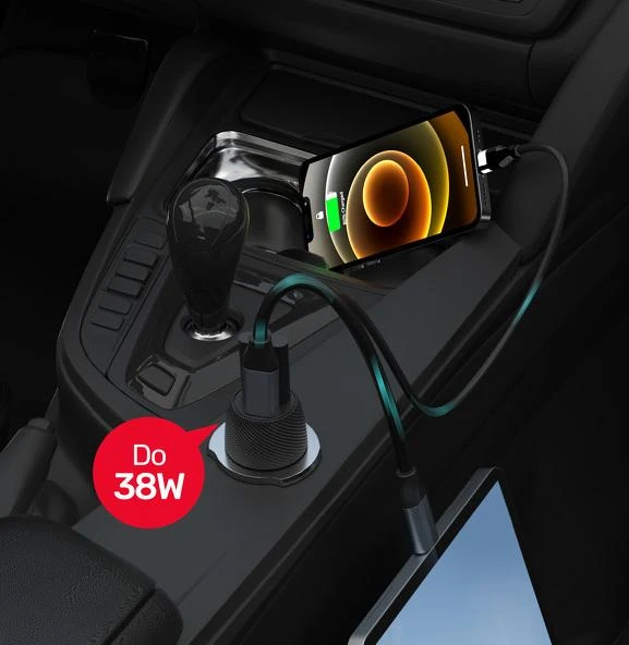 Automobilinis Įkroviklis - Unitek P1400A 38W USB-A USB-C QC 3.0