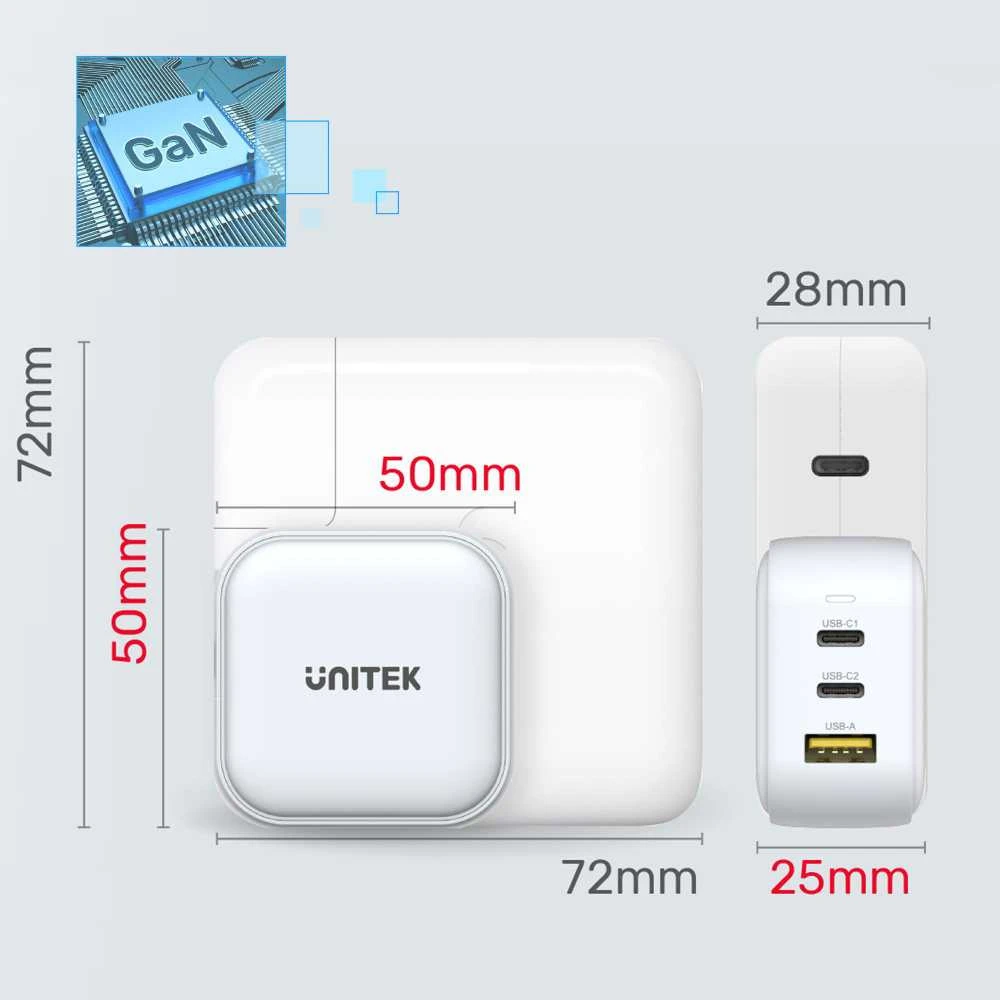UNITEK CHARGER GaN 2x USB-C 1x USB-A PD QC 3.0 66W Juodas
