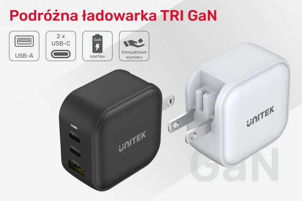 UNITEK CHARGER GaN 2x USB-C 1x USB-A PD QC 3.0 66W Juodas