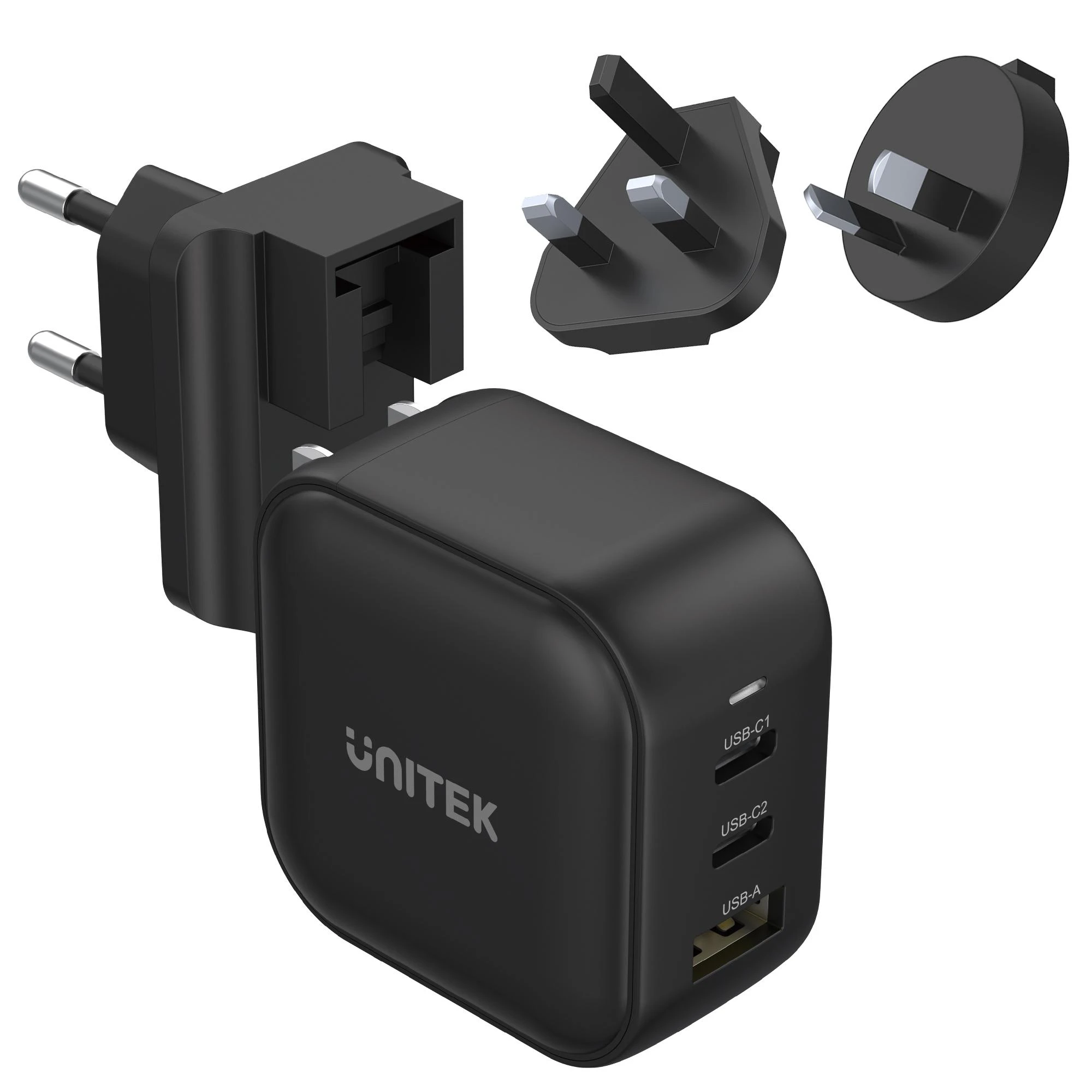 UNITEK CHARGER GaN 2x USB-C 1x USB-A PD QC 3.0 66W Juodas