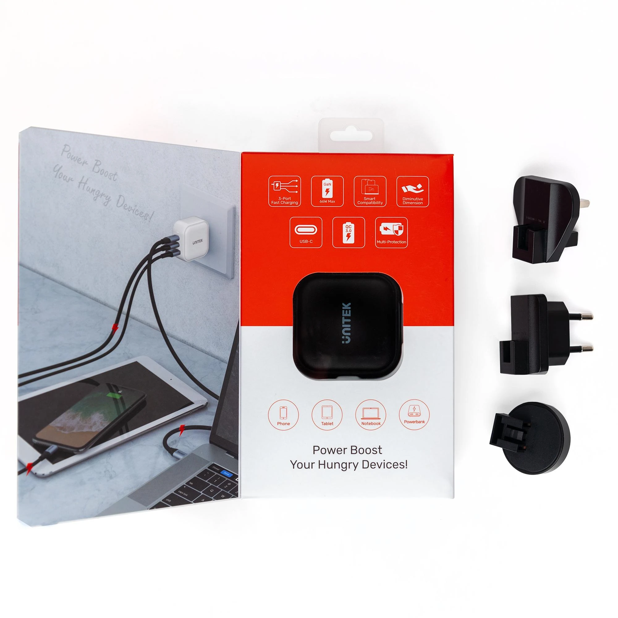 UNITEK CHARGER GaN 2x USB-C 1x USB-A PD QC 3.0 66W Juodas