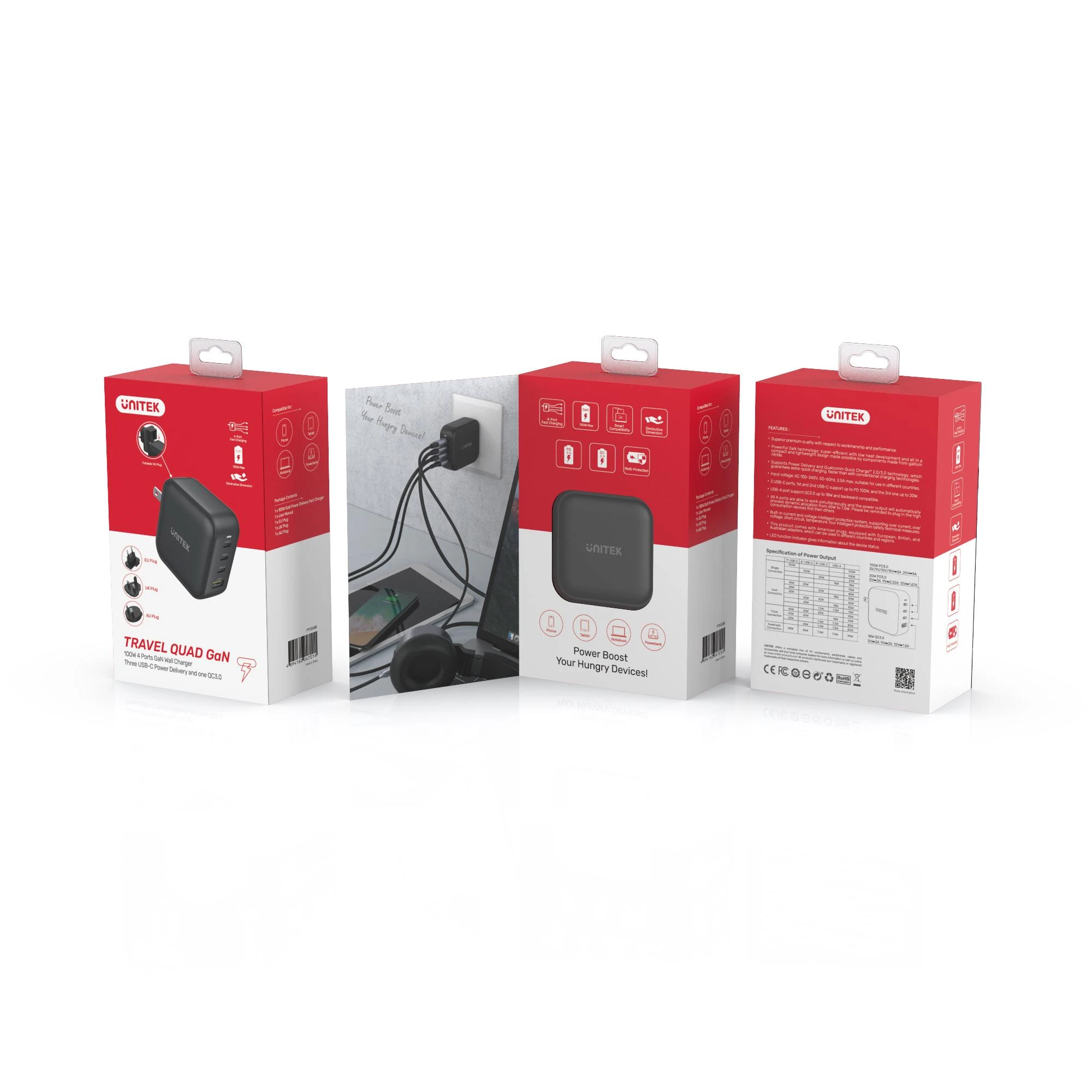 UNITEK CHARGER GaN 3x USB-C 1x USB-A QC 3.0 PD 100W Juodas