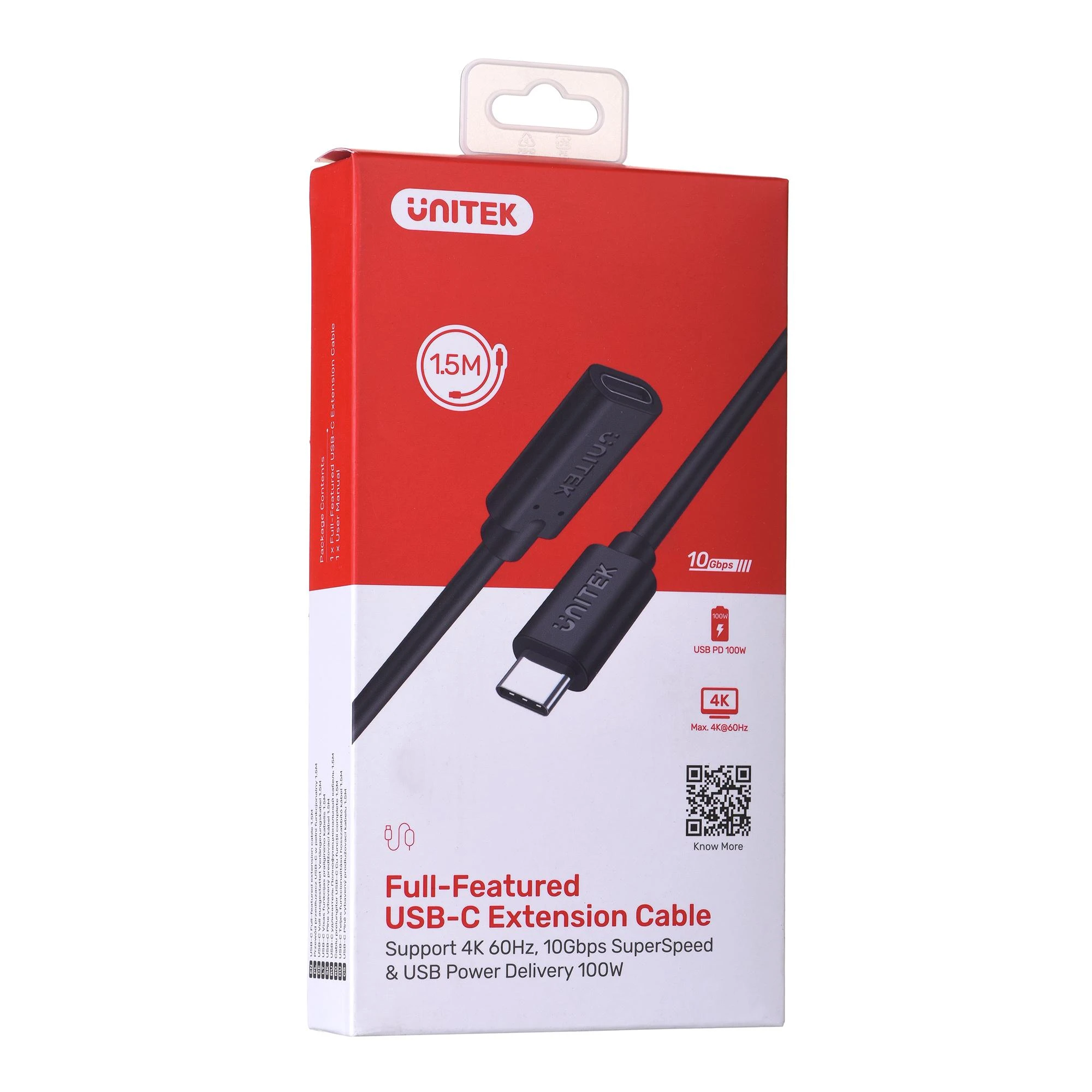 UNITEK C14086BK-1,5 m pratęsimo kabelis USB-C 4K 60HZ PD 20V/5A 1,5m