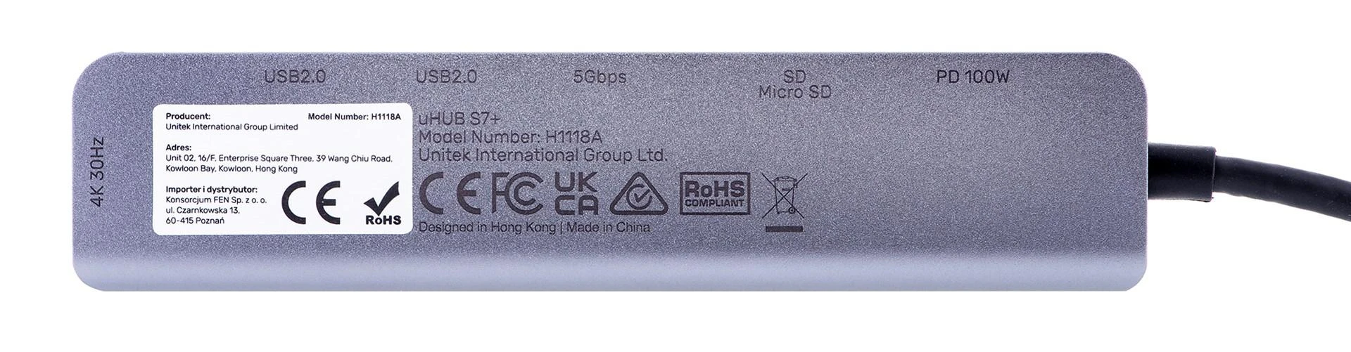 UNITEK H1118A HUB USB-C 7in1 PD 100W HDMI 4K ALU