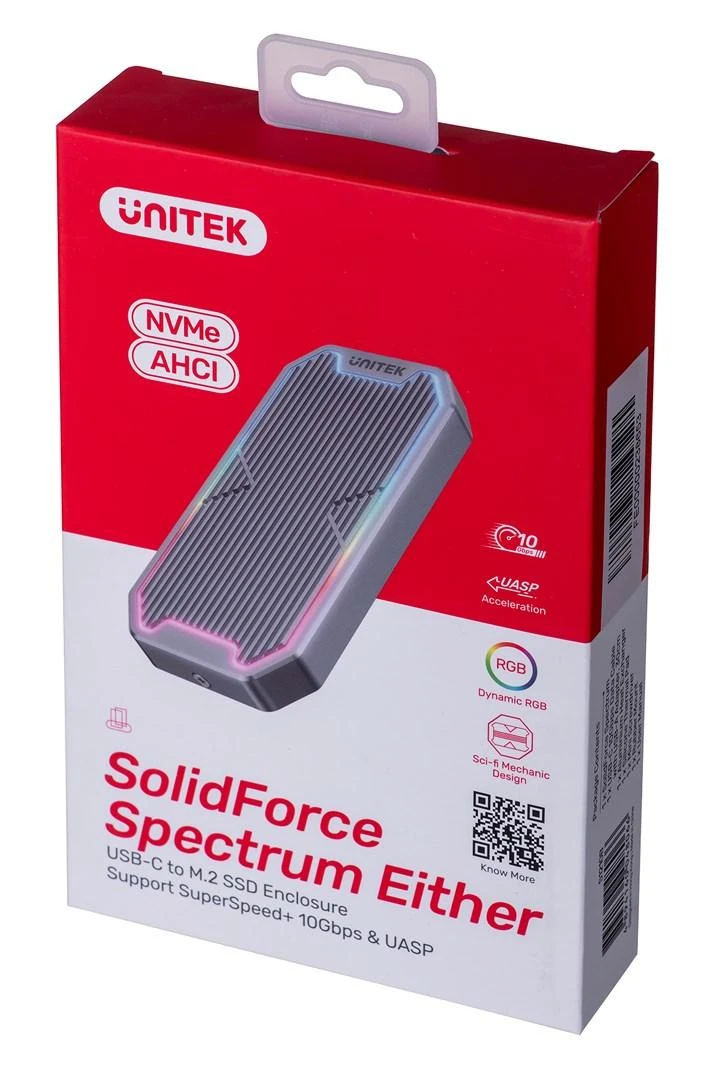 UNITEK USB-C M.2 SSD NVME/SATA išorinis korpusas, 10Gbps, RGB
