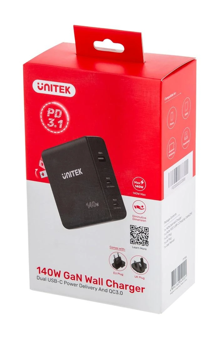 UNITEK CHARGER P1115A GaN 2x USB-C 1x USB-A PD 140W Juodas