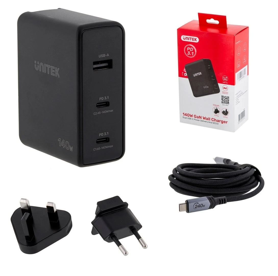 UNITEK CHARGER P1115A GaN 2x USB-C 1x USB-A PD 140W Juodas