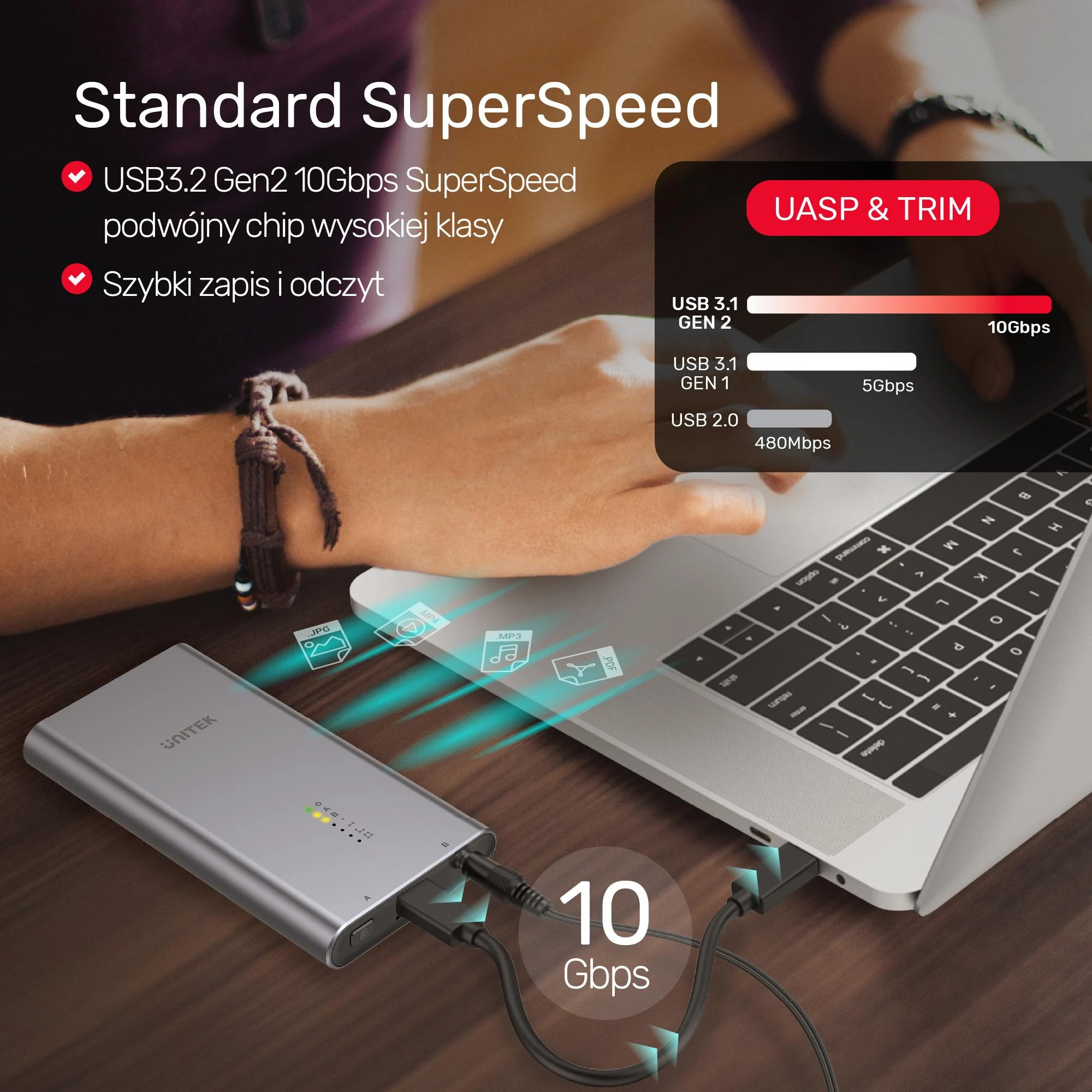 UNITEK SolidForce USB-C į PCIe / NVMe M.2 SSD 10 Gbps dviejų skyrių korpusas su neprisijungus veikiančiu klonu S1206A