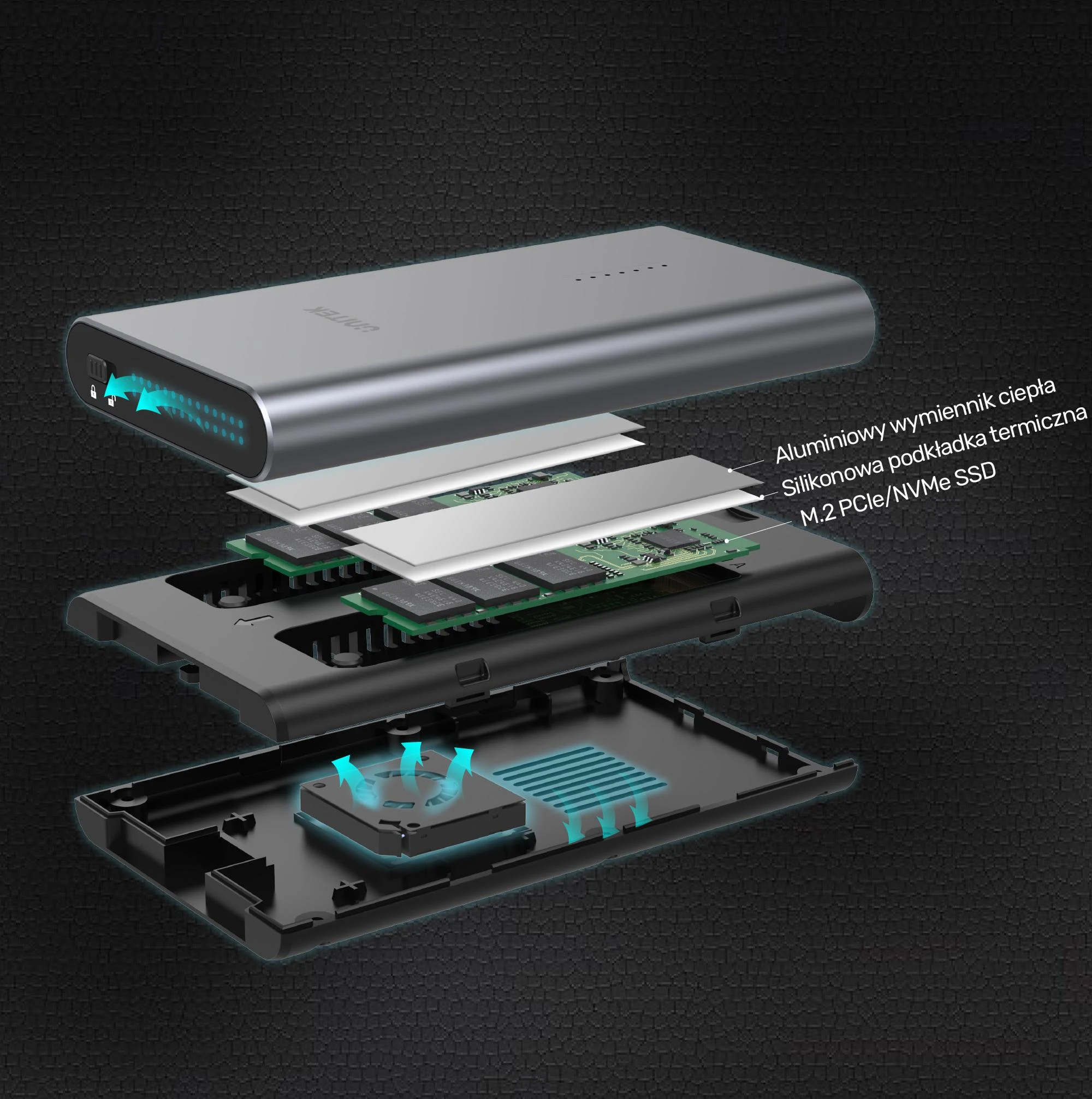 UNITEK SolidForce USB-C į PCIe / NVMe M.2 SSD 10 Gbps dviejų skyrių korpusas su neprisijungus veikiančiu klonu S1206A