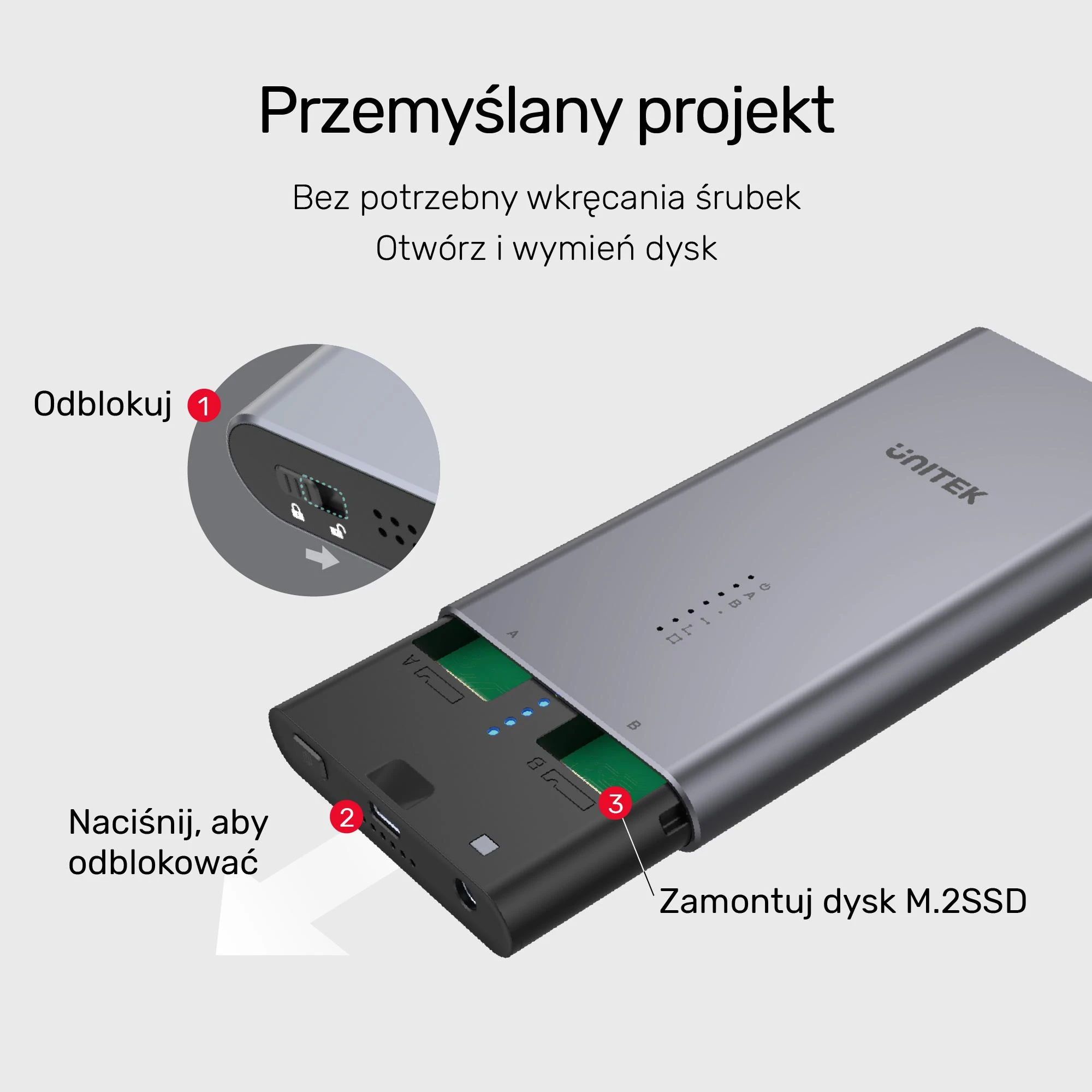 UNITEK SolidForce USB-C į PCIe / NVMe M.2 SSD 10 Gbps dviejų skyrių korpusas su neprisijungus veikiančiu klonu S1206A