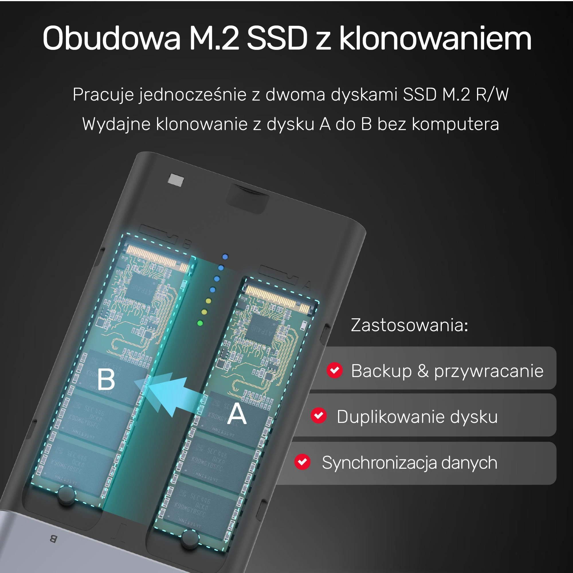 UNITEK SolidForce USB-C į PCIe / NVMe M.2 SSD 10 Gbps dviejų skyrių korpusas su neprisijungus veikiančiu klonu S1206A
