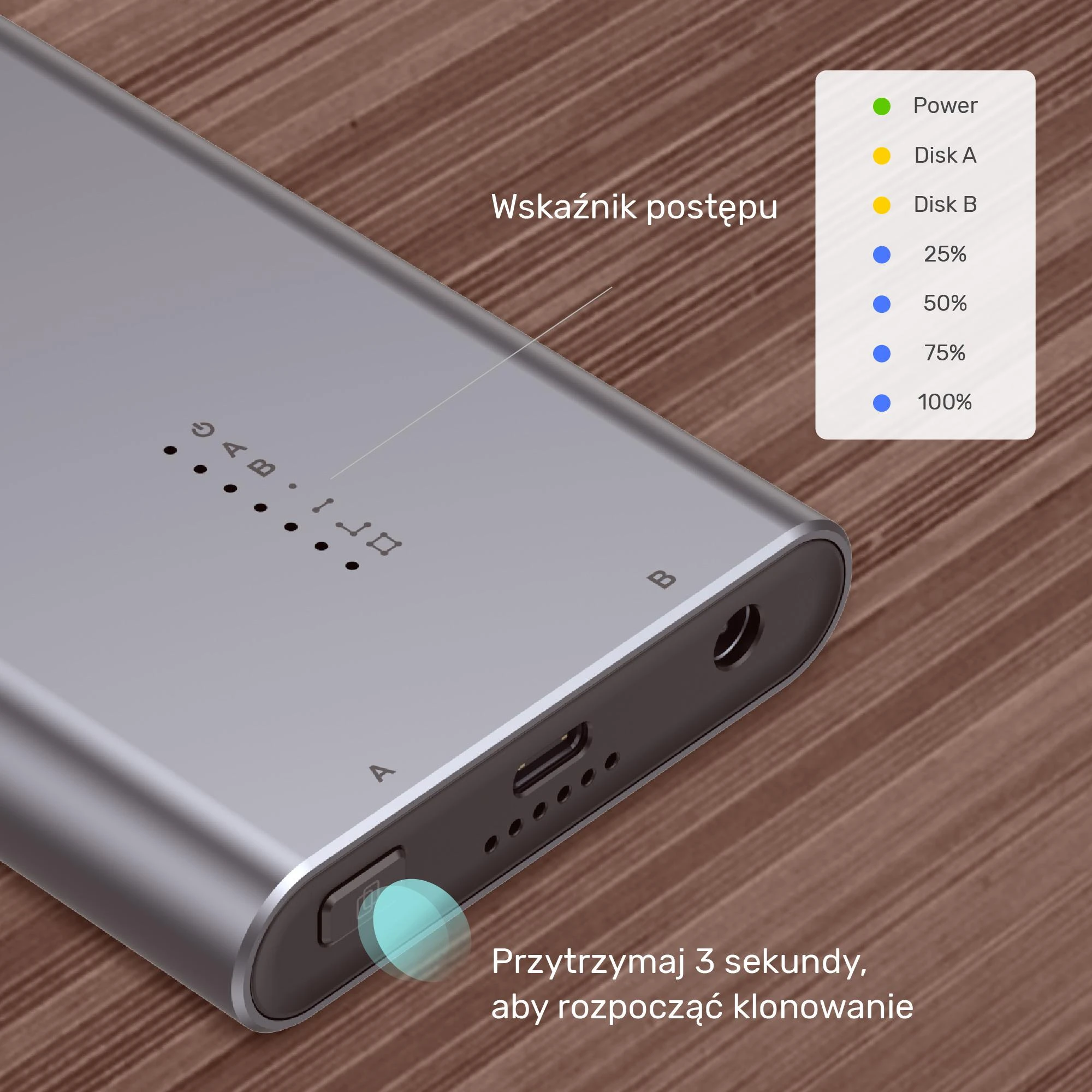 UNITEK SolidForce USB-C į PCIe / NVMe M.2 SSD 10 Gbps dviejų skyrių korpusas su neprisijungus veikiančiu klonu S1206A