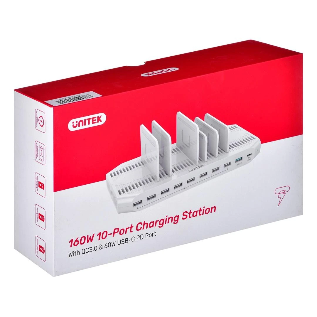 UNITEK Y-2190 įkrovimo stotelė 8x USB 2.4A 160W 2x QC3.0 USB-C Y-2190