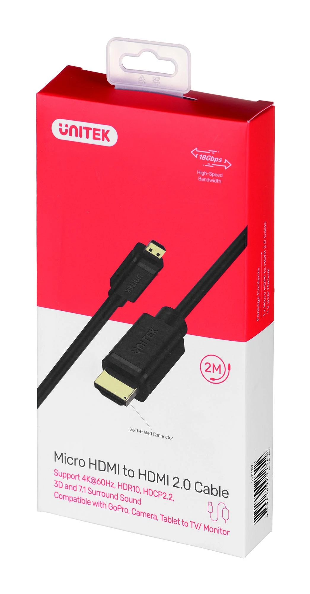 UNITEK Y-C182 HDMI – microHDMI CABLE v.2.0 4K 60HZ 2M