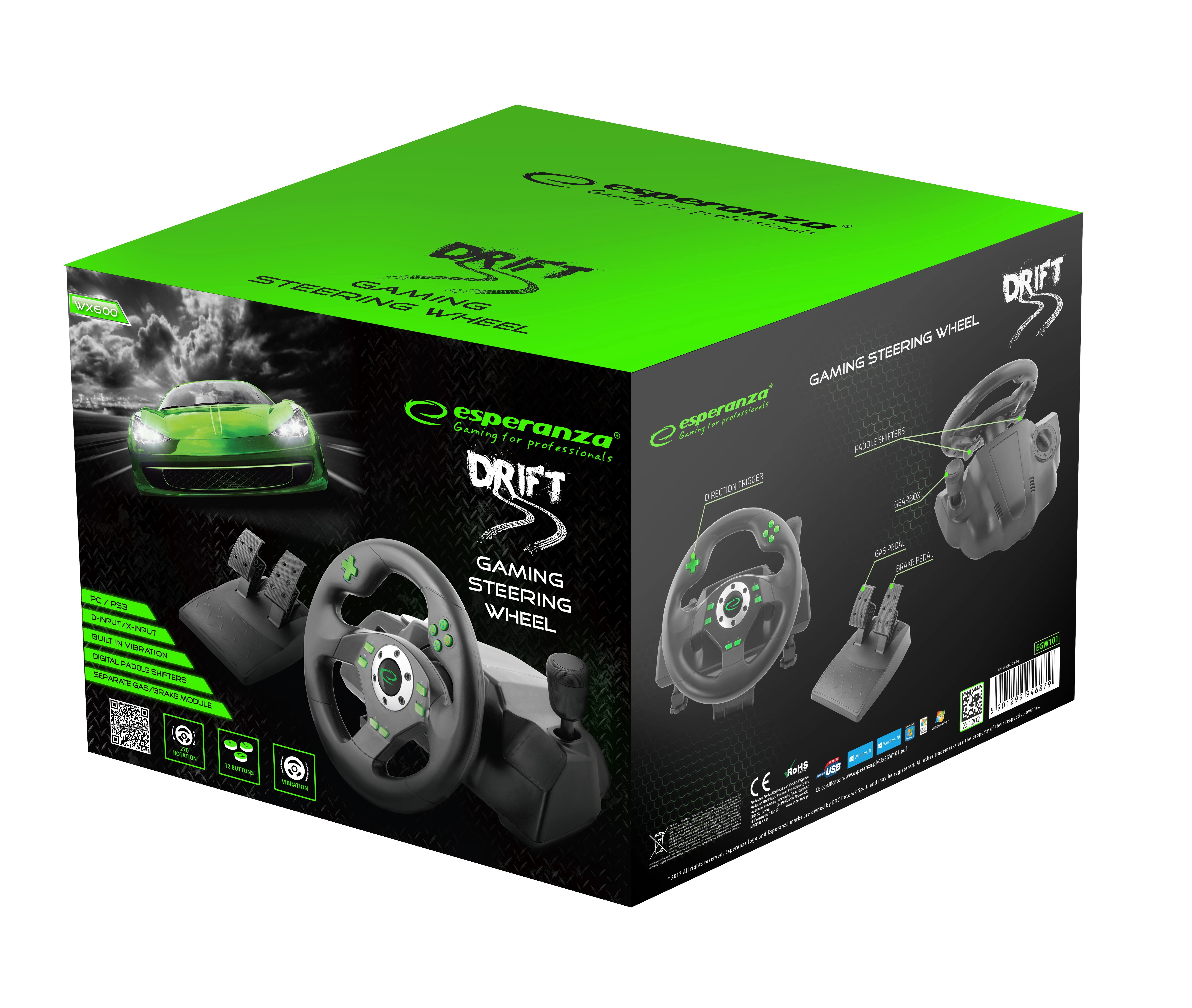 Žaidimų vairas su pedalais Esperanza Drift EGW101 PC/PS3 Juodas