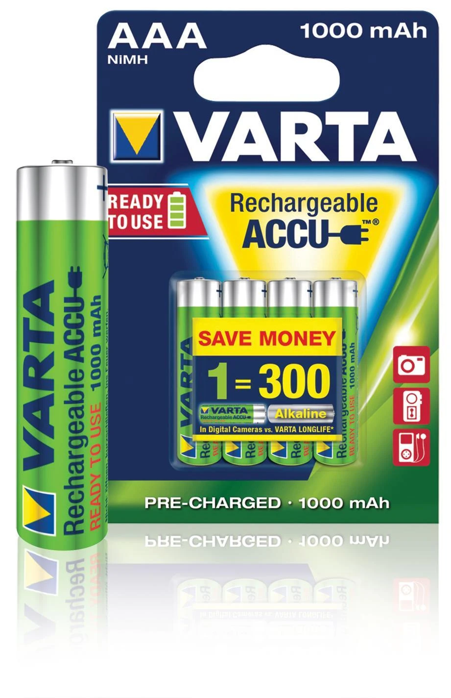 VARTA HR03 AAA įkraunamos baterijos 1000 mAh 05703, 4 vnt., žalia, geltona