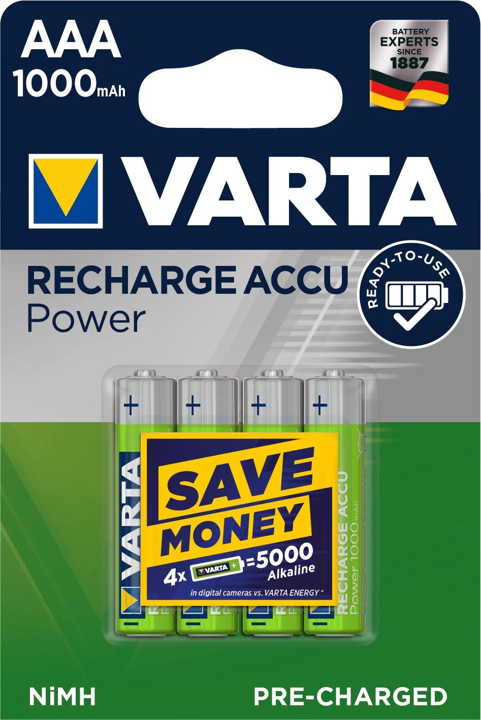 VARTA HR03 AAA įkraunamos baterijos 1000 mAh 05703, 4 vnt., žalia, geltona