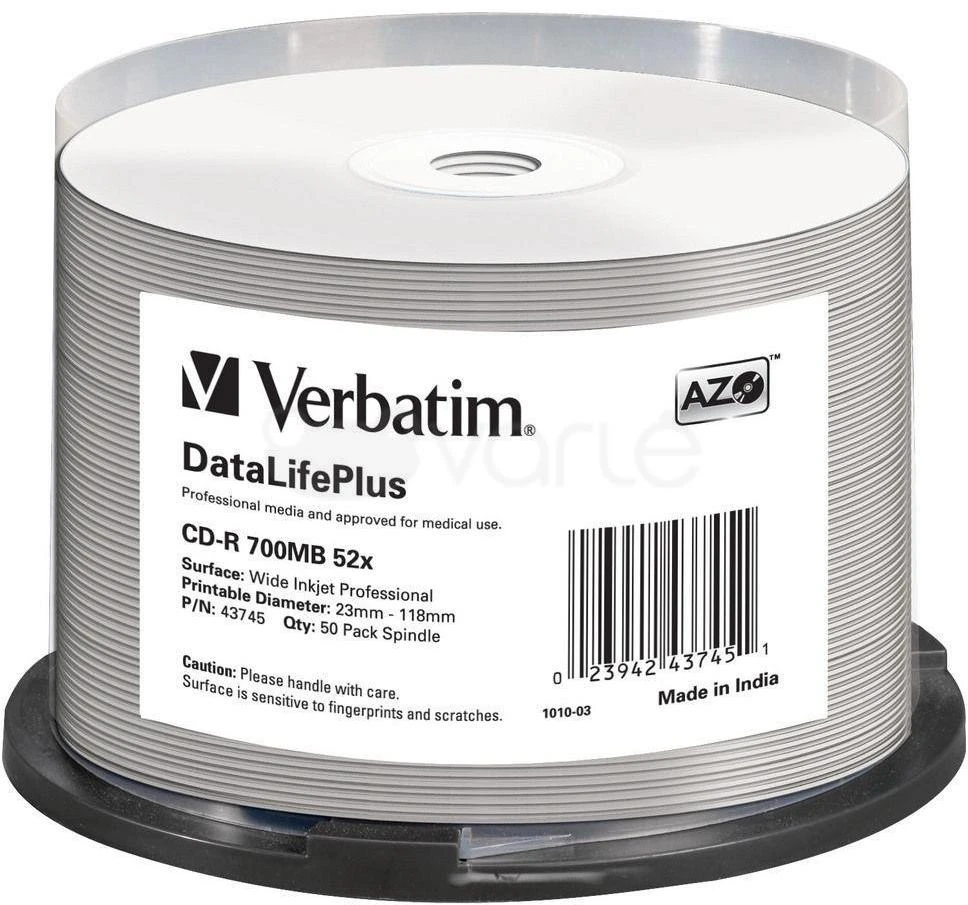 VERBATIM 43745 CD-R Verbatim 50vnt, 700MB, 52x, verpstė Baltas PLATUS SPAUSDINAMAS PAVIRŠIAUS