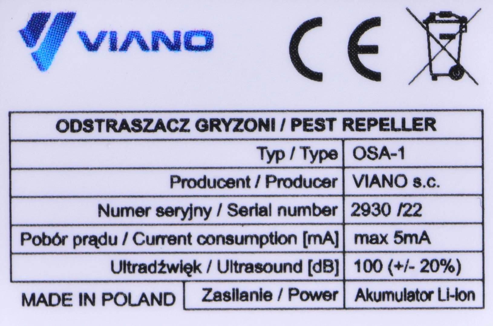 Atgrasymo priemonė nuo graužikų automobiliams - ultragarsinė - belaidė - Viano OSA-1