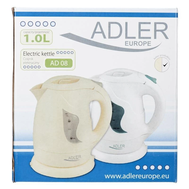 Adler AD 08 Standartinis virdulys, Plastikas, Baltas, 850 W, 1 L, 360° sukamasis pagrindas