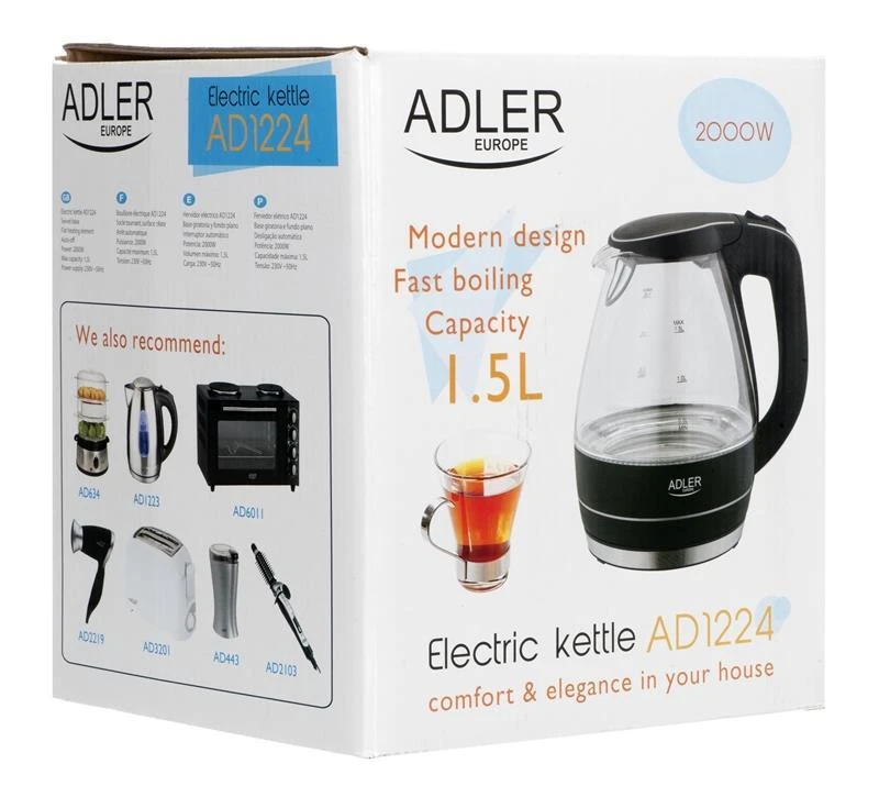 Adler | Virdulys | AD 1224 | Standard | 2000 W | 1.5 L | Glass | 360° rotational base | Juodas