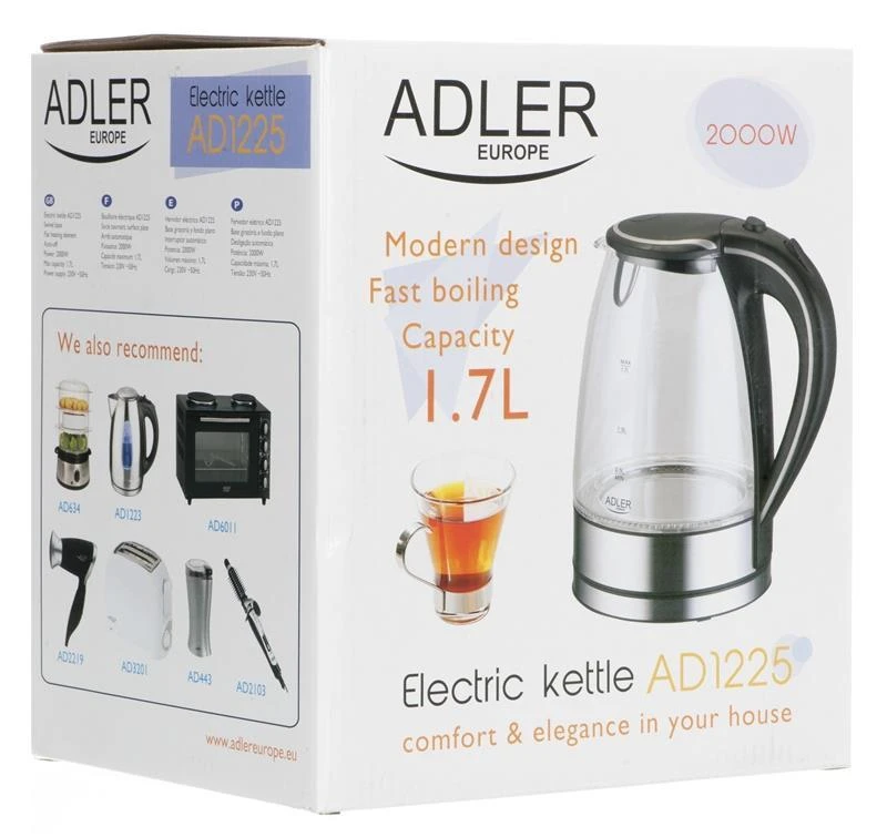 Adler | Virdulys | AD 1225 | Standard | 2000 W | 1.7 L | Glass | 360° rotational base | Nerūdijantis plienas/Transparent