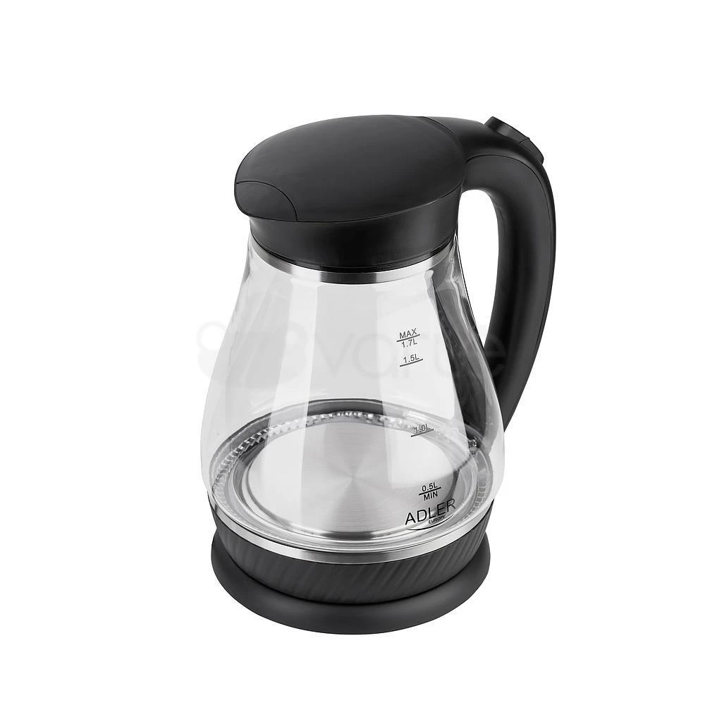 Adler Virdulys AD 1274 Standartinis, Plastikas, stiklas, Juodas/ skaidrus, 2200 W, 360° sukamasis pagrindas, 1,7 L