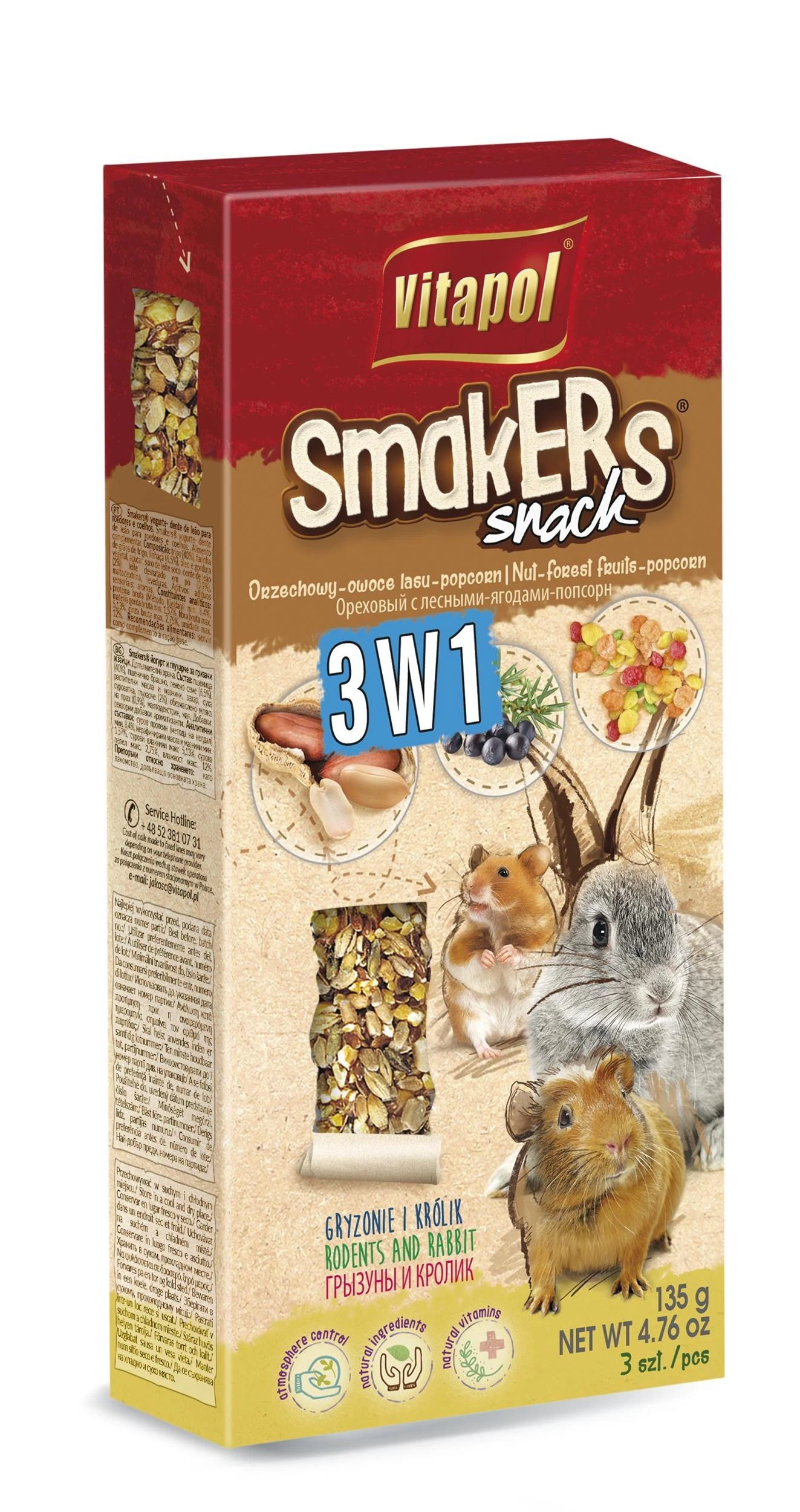Vitapol Smakers 3x1 skanėstas triušiams ir graužikams su riešutais, daržovėmis ir popkornu 135g (3 vnt)