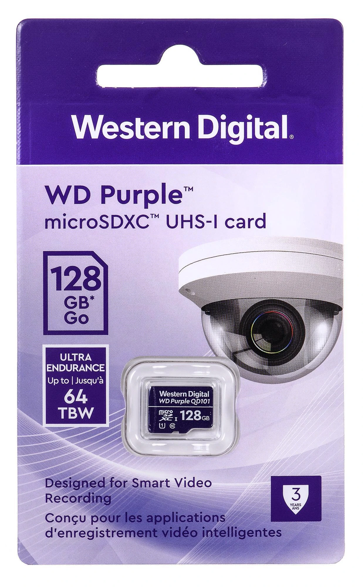 WD Purple 128GB micro SDXC atminties kortelė pakuotėje