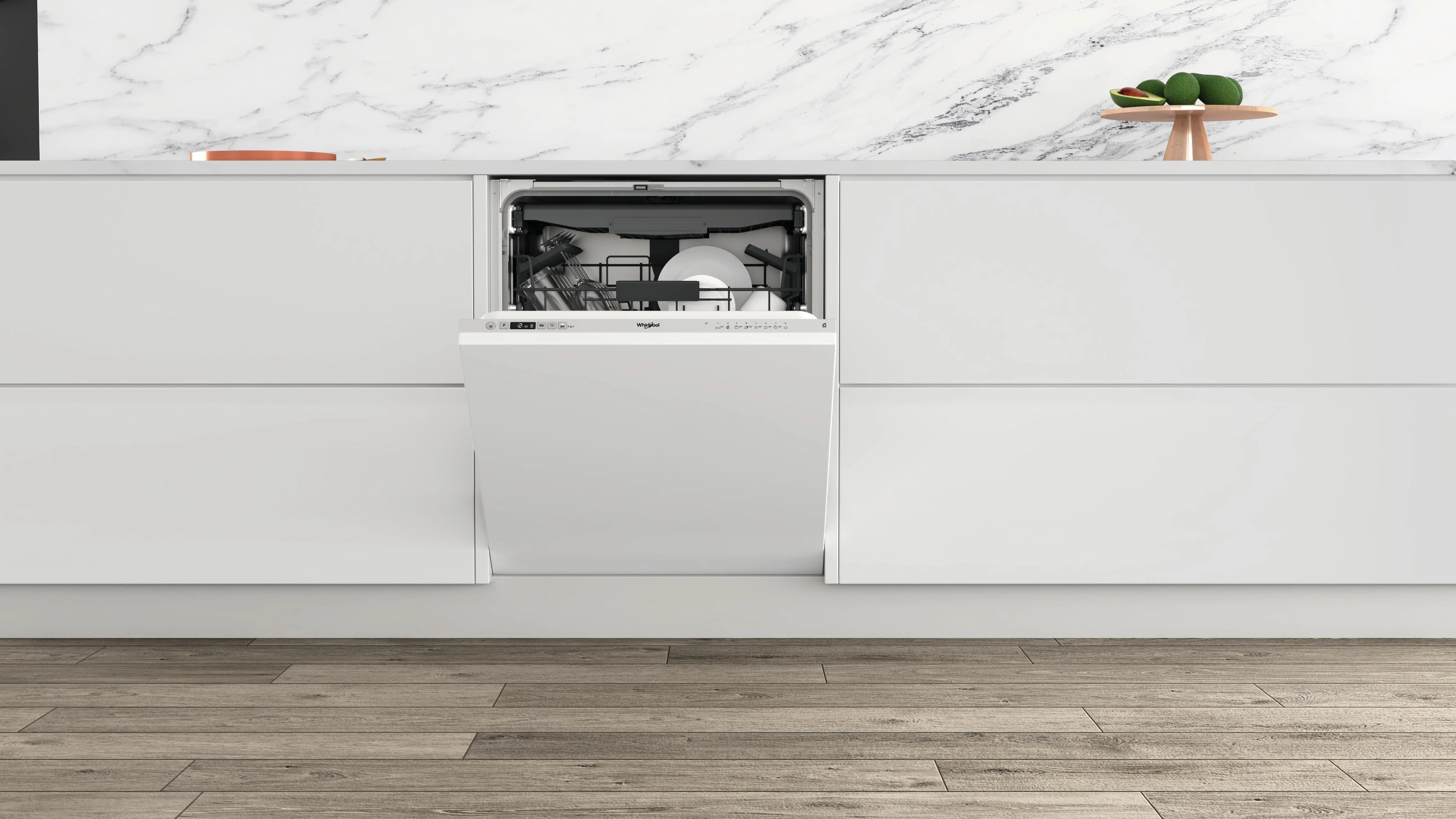 Įmontuojama indaplovė WHIRLPOOL WIC 3C26 F, Energijos klasė E (sena A++) 60 cm, Trečias krepšelis, 8 programos