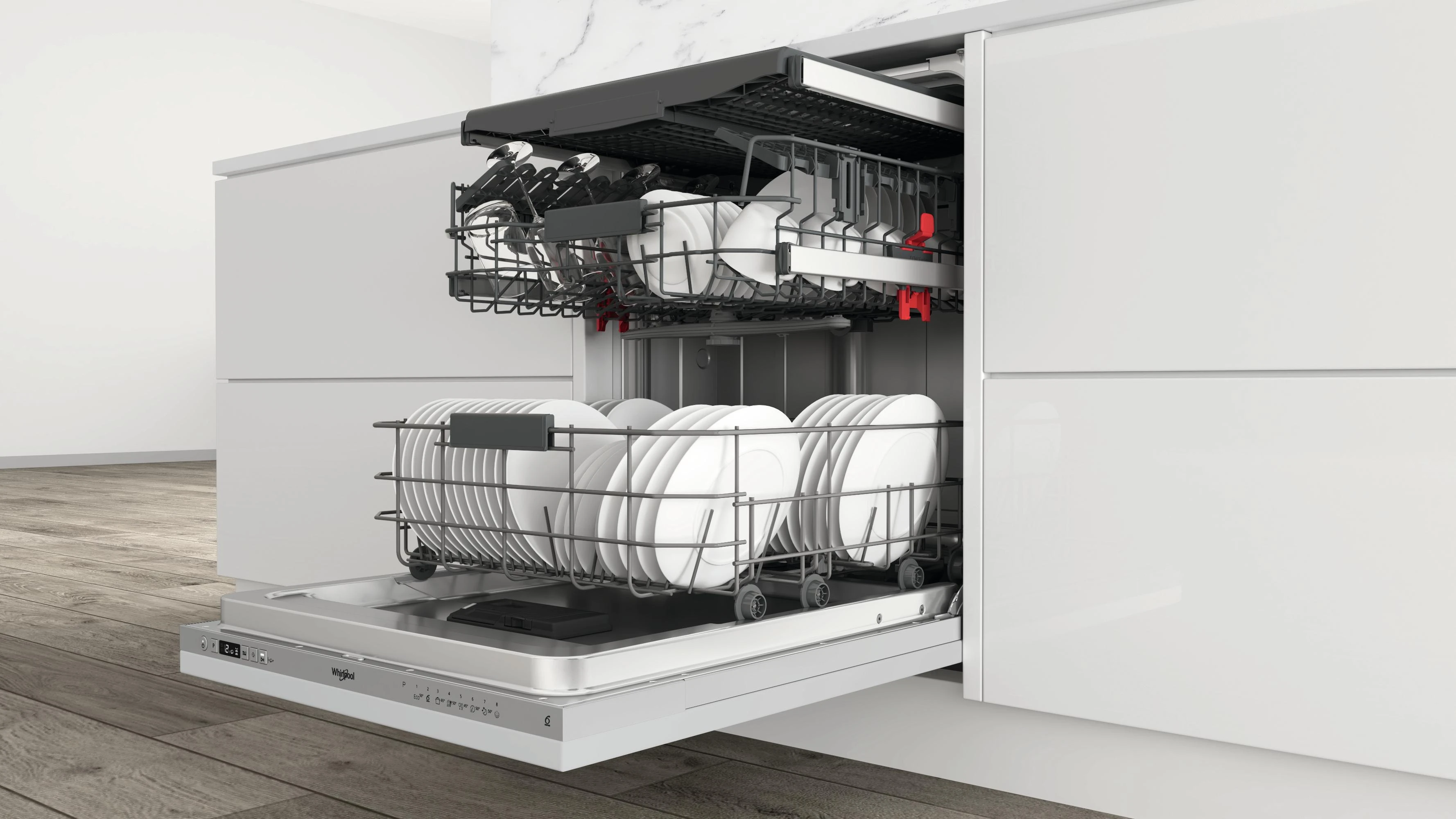 Įmontuojama indaplovė WHIRLPOOL WIC 3C26 F, Energijos klasė E (sena A++) 60 cm, Trečias krepšelis, 8 programos